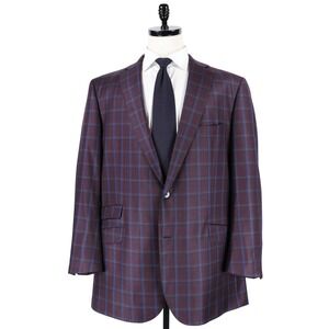 J. Hilburn Custom Wool Suit Mens 48L Burgundy w/Blue Windowpane Checks 42x30